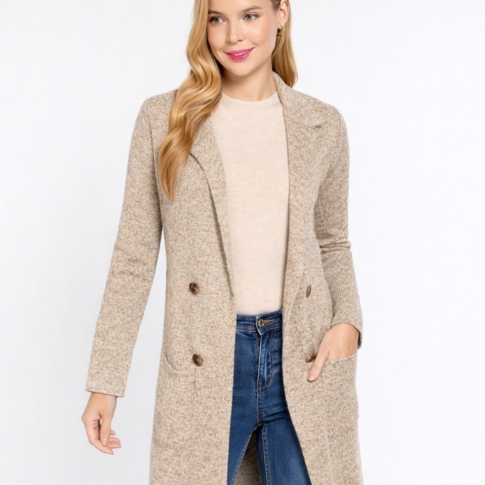 Sugar Rain Women oatmeal Double‎ Breasted Knit Long Cardigan Sweater Coat S